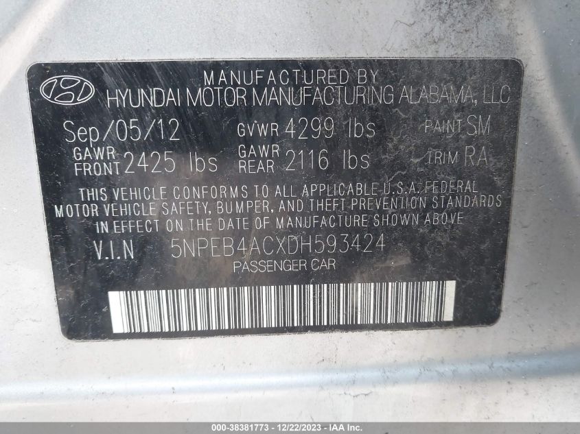 2013 Hyundai Sonata Gls VIN: 5NPEB4ACXDH593424 Lot: 38381773