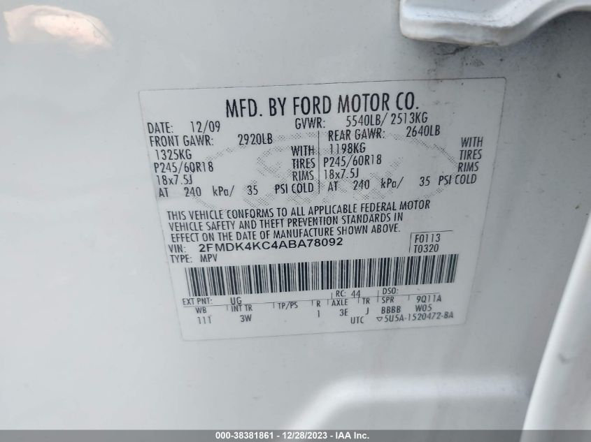 2FMDK4KC4ABA78092 2010 Ford Edge Limited