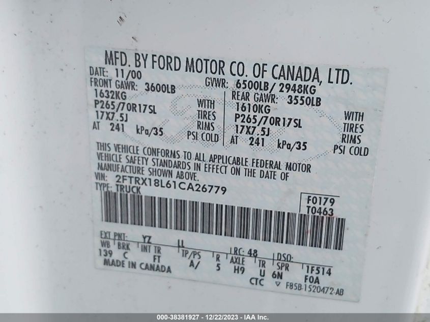 2FTRX18L61CA26779 2001 Ford F-150 Lariat/Xl/Xlt