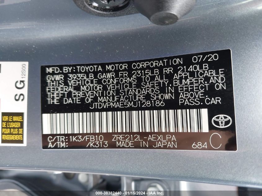 2021 Toyota Corolla Le VIN: JTDVPMAE5MJ128186 Lot: 38382440