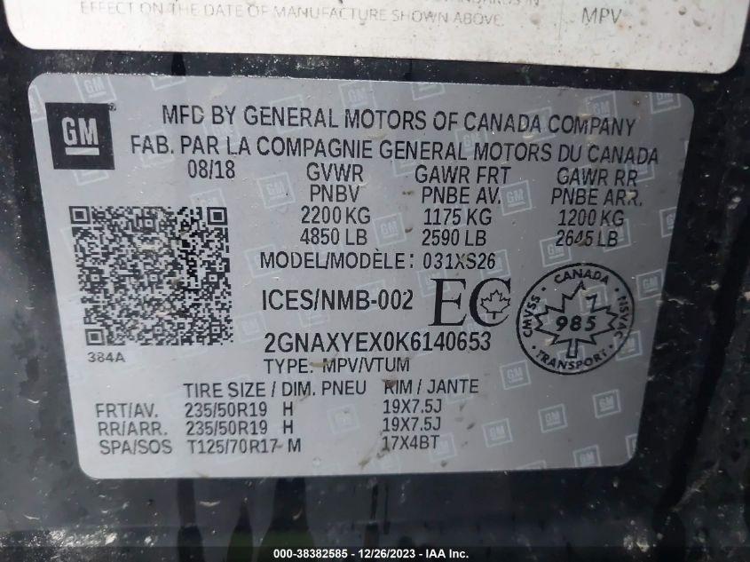 2GNAXYEX0K6140653 2019 Chevrolet Equinox Premier