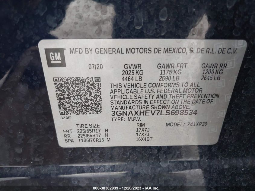 2020 Chevrolet Equinox Fwd Ls VIN: 3GNAXHEV7LS698534 Lot: 38382939