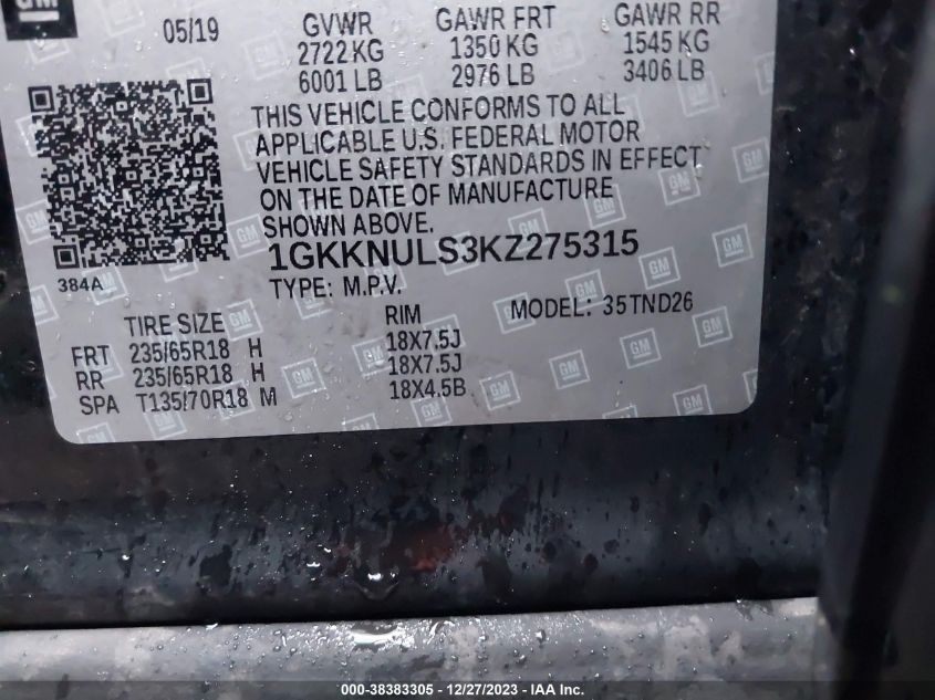 1GKKNULS3KZ275315 2019 GMC Acadia Slt-1