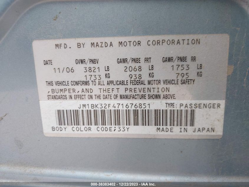 JM1BK32F471676851 2007 Mazda Mazda3 I