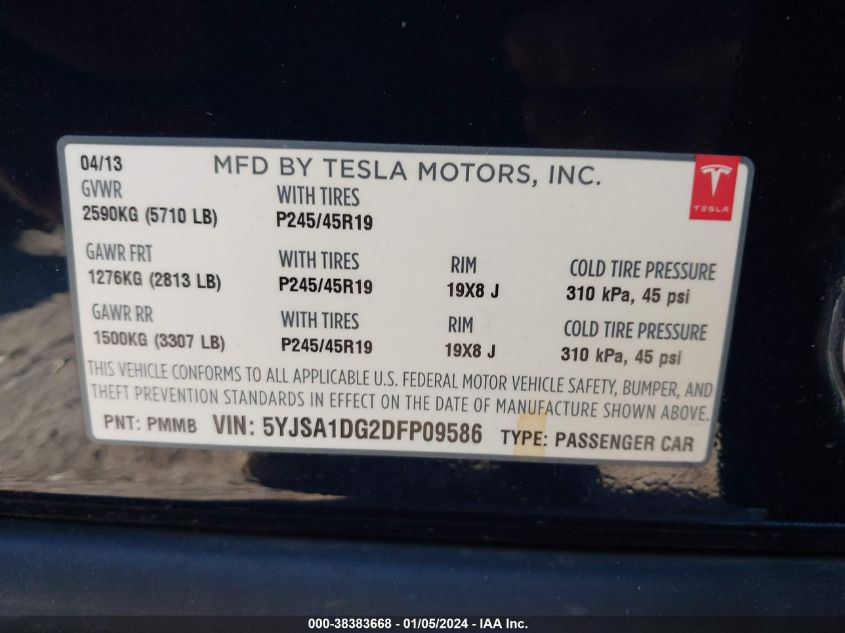 2013 Tesla Model S VIN: 5YJSA1DG2DFP09586 Lot: 38383668