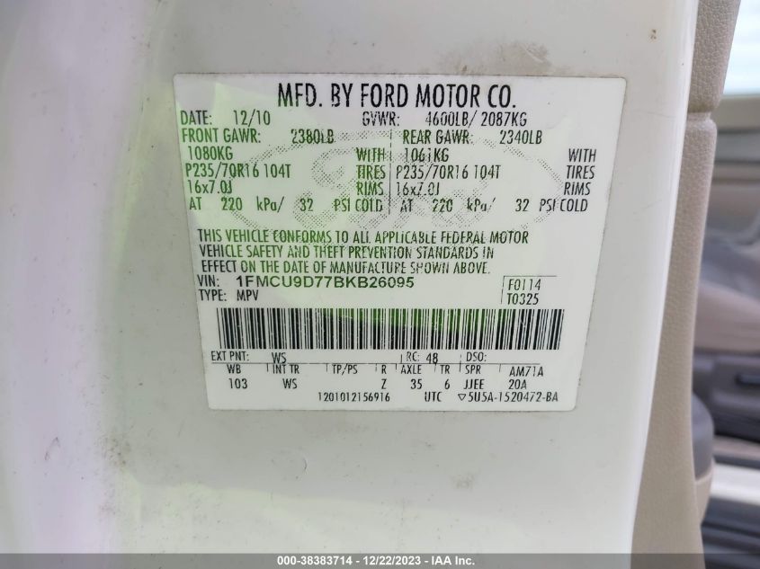 1FMCU9D77BKB26095 2011 Ford Escape Xlt