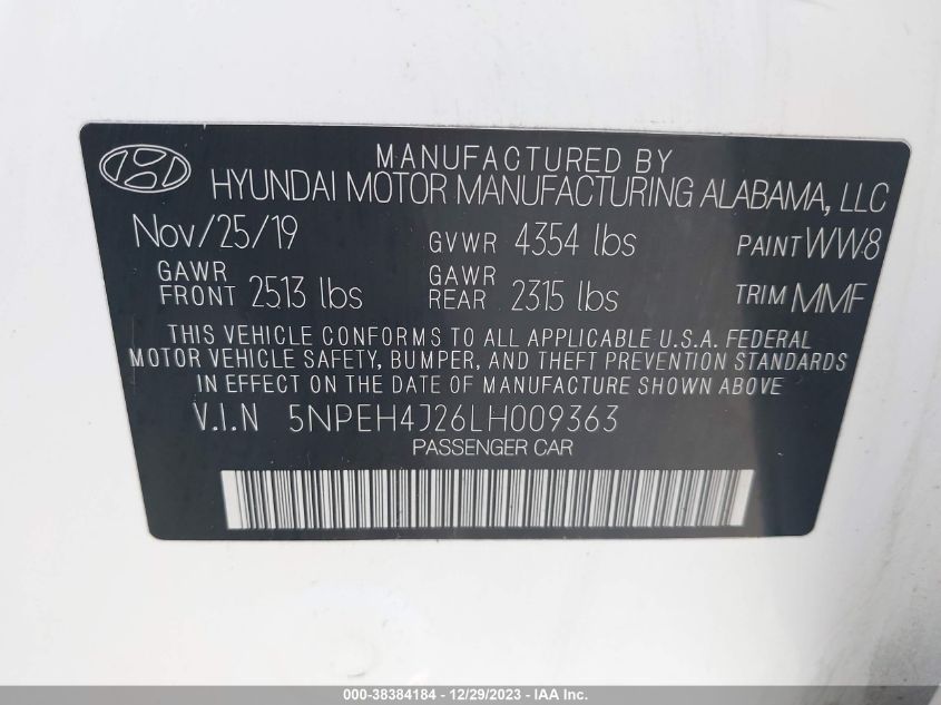 2020 Hyundai Sonata Limited VIN: 5NPEH4J26LH009363 Lot: 38384184