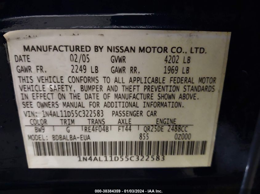 1N4AL11D55C322583 2005 Nissan Altima 2.5 S