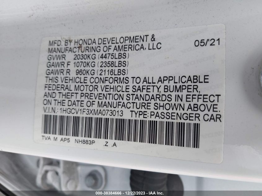 2021 Honda Accord Sport VIN: 1HGCV1F3XMA073013 Lot: 38384666