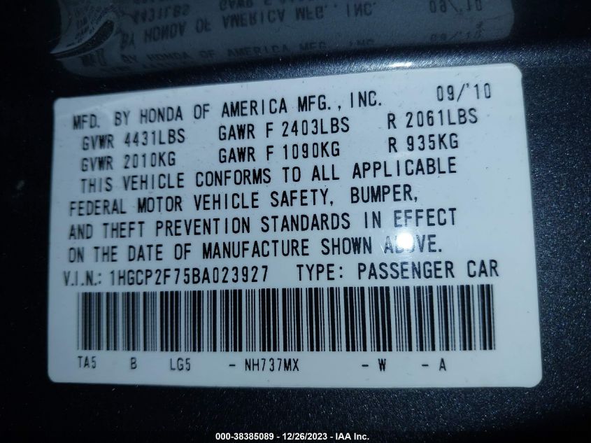 2011 Honda Accord 2.4 Ex VIN: 1HGCP2F75BA023927 Lot: 38385089