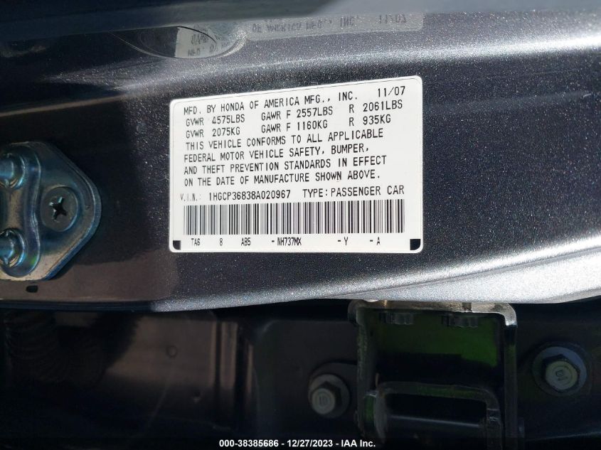 2008 Honda Accord 3.5 Ex-L VIN: 1HGCP36838A020967 Lot: 38385686