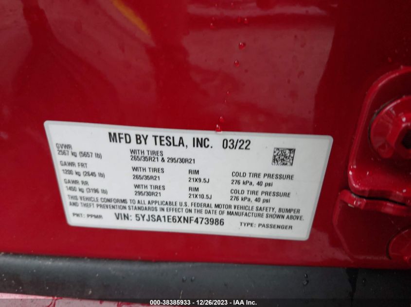 2022 Tesla Model S Plaid Tri Motor All-Wheel Drive VIN: 5YJSA1E6XNF473986 Lot: 38385933