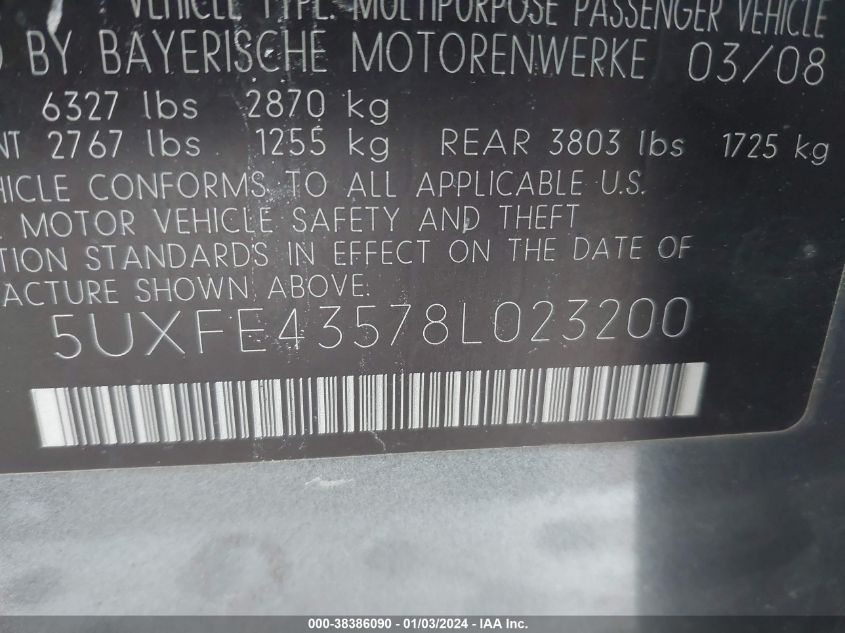 5UXFE43578L023200 2008 BMW X5 3.0Si