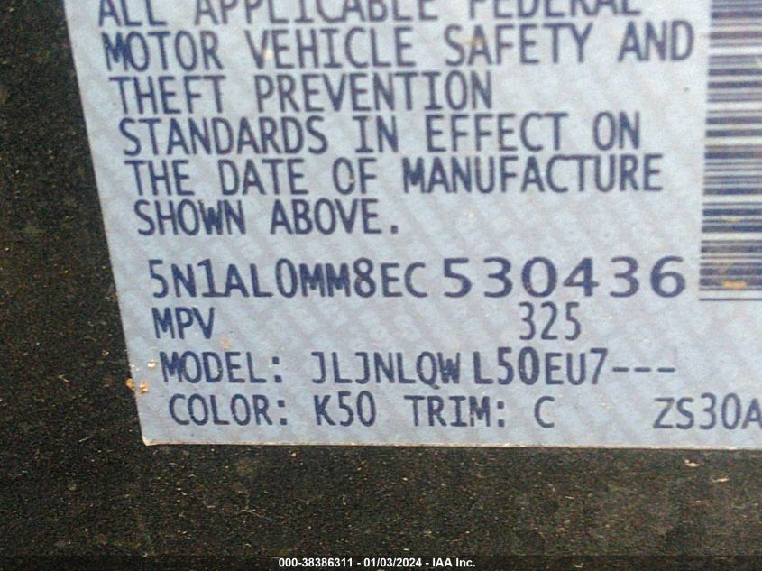 2014 Infiniti Qx60 VIN: 5N1AL0MM8EC530436 Lot: 38386311