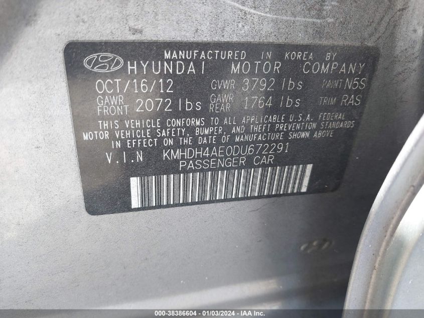 2013 Hyundai Elantra Gls (Ulsan Plant) VIN: KMHDH4AE0DU672291 Lot: 38386604