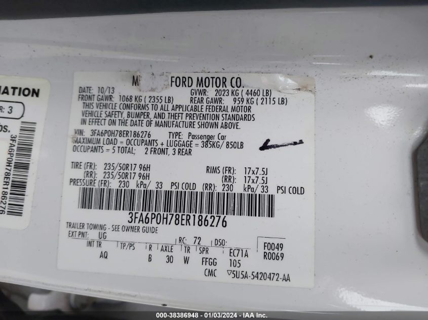 2014 Ford Fusion Se VIN: 3FA6P0H78ER186276 Lot: 38386948