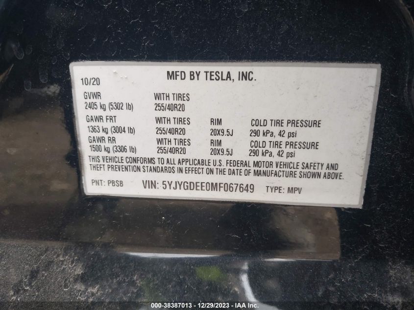 2021 Tesla Model Y VIN: 5YJYGDEE0MF067649 Lot: 38387013