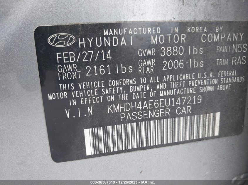 2014 Hyundai Elantra Se (Ulsan Plant) VIN: KMHDH4AE6EU147219 Lot: 38387319