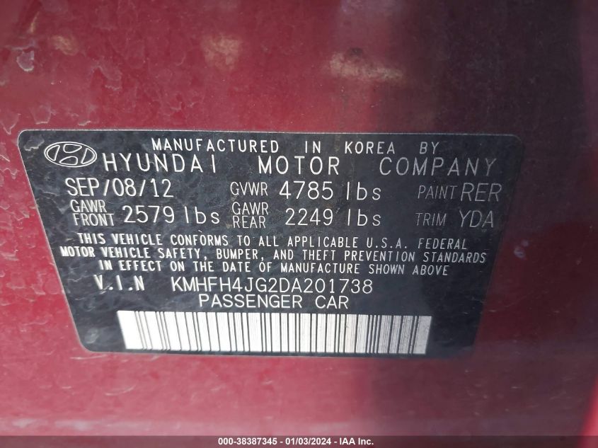 2013 Hyundai Azera VIN: KMHFH4JG2DA201738 Lot: 38387345