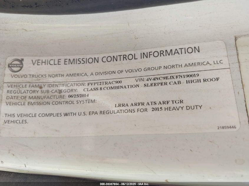2015 Volvo Vn Vnl VIN: 4V4NC9EJXFN190019 Lot: 38387654