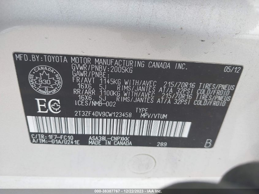 2T3ZF4DV9CW123458 2012 Toyota Rav4