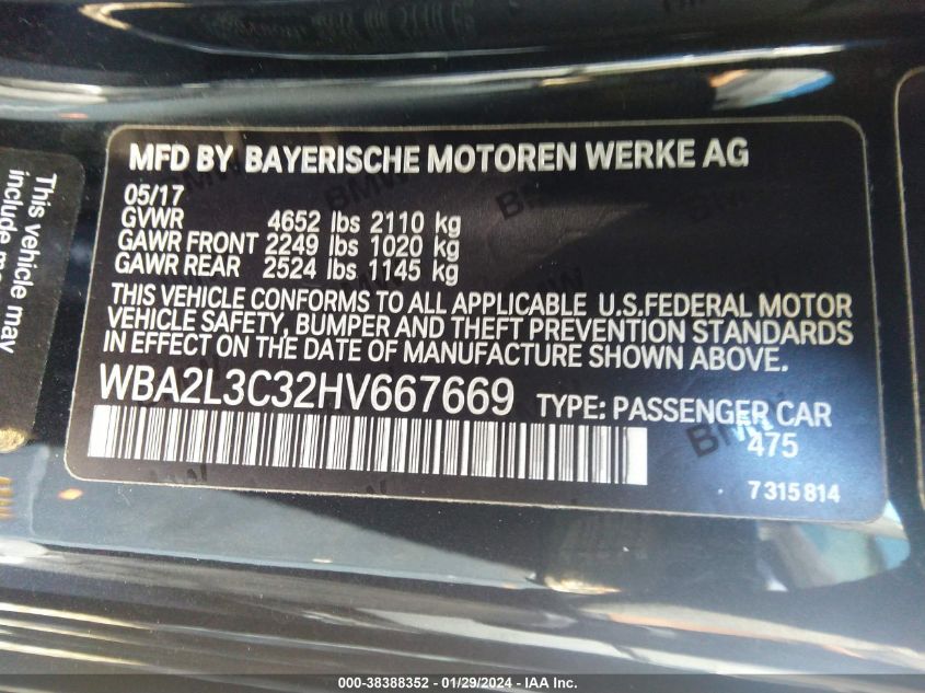 2017 BMW M240I xDrive VIN: WBA2L3C32HV667669 Lot: 38388352