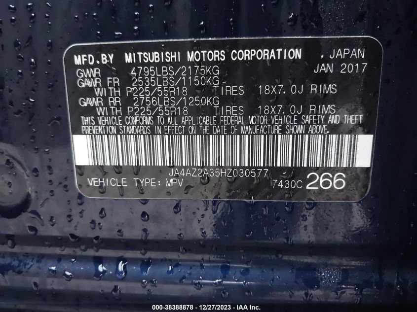 2017 Mitsubishi Outlander Es VIN: JA4AZ2A35HZ030577 Lot: 38388878