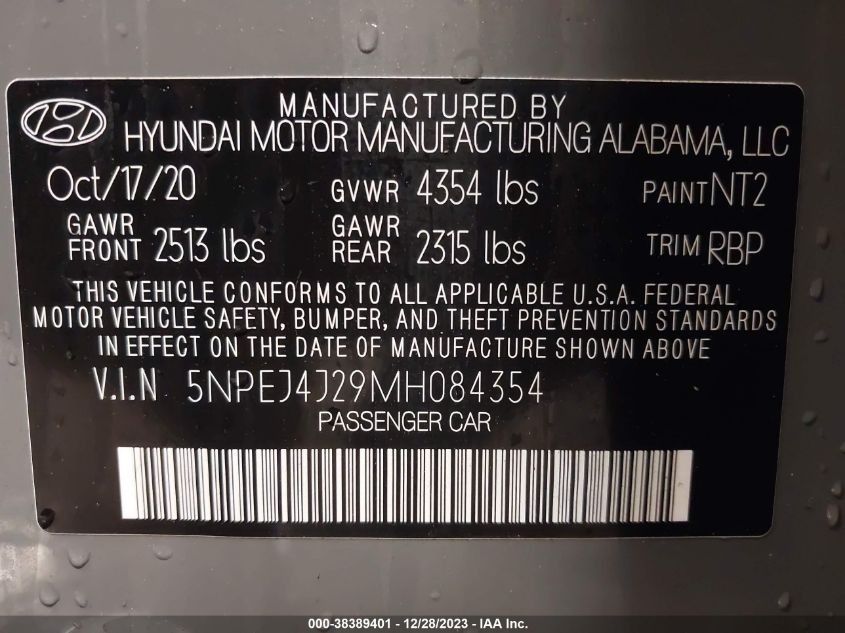 2021 Hyundai Sonata Sel Plus VIN: 5NPEJ4J29MH084354 Lot: 38389401