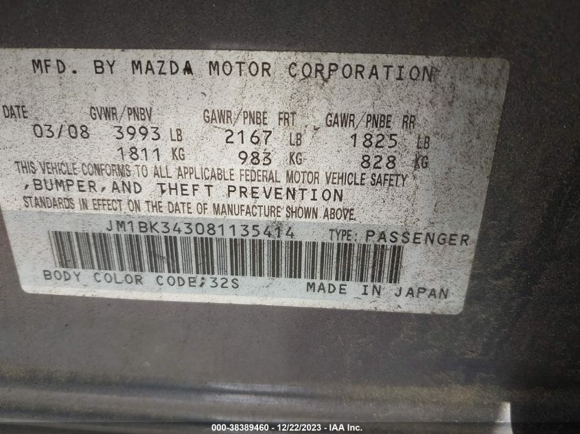 JM1BK343081135414 2008 Mazda Mazda3 S Sport