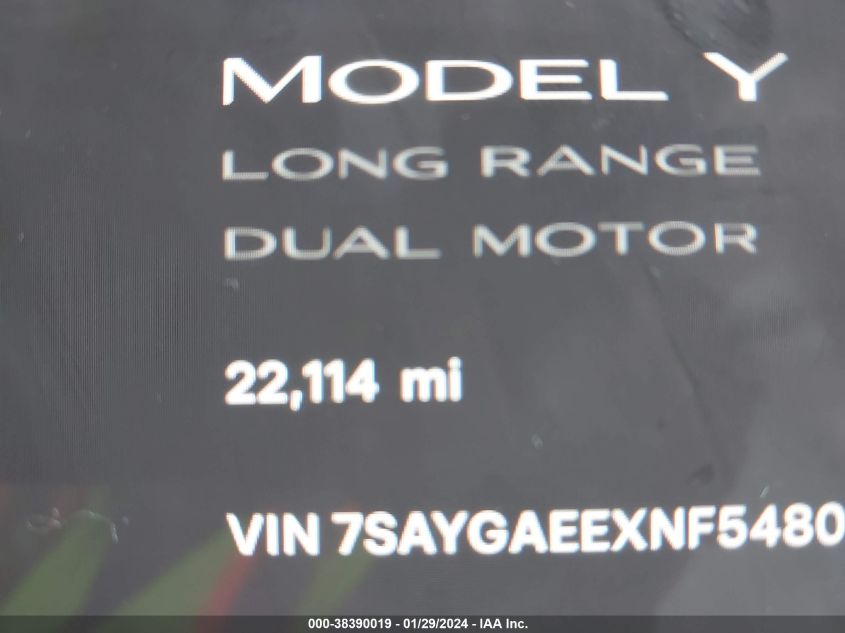 2022 Tesla Model Y Long Range Dual Motor All-Wheel Drive VIN: 7SAYGAEEXNF548091 Lot: 38390019