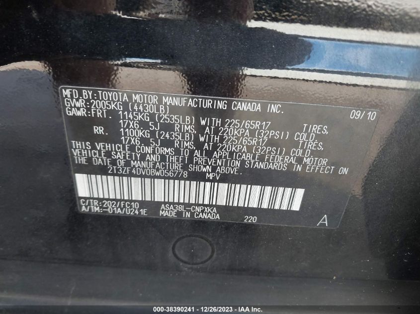 2T3ZF4DV0BW056778 2011 Toyota Rav4