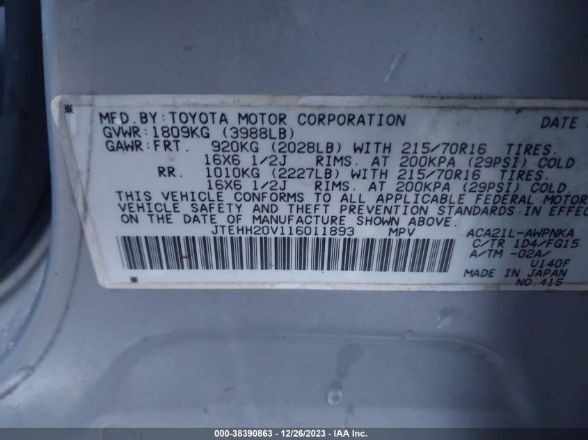 JTEHH20V116011893 2001 Toyota Rav4 Base (A4)