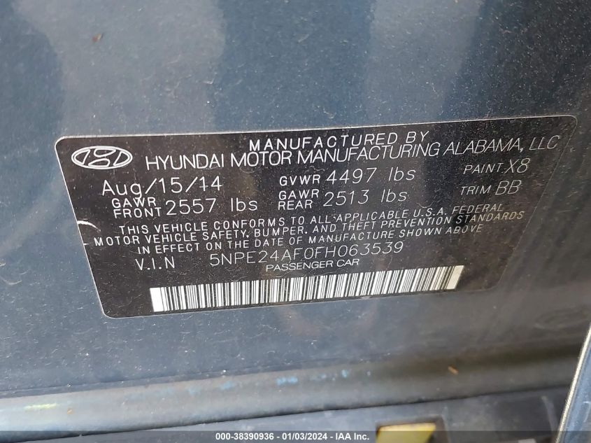 5NPE24AF0FH063539 2015 Hyundai Sonata Se