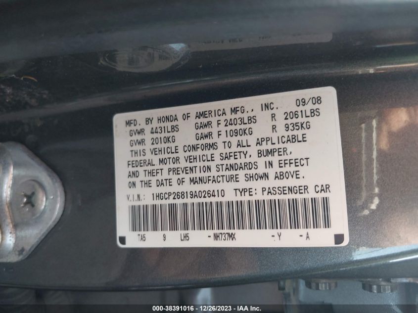 1HGCP26819A026410 2009 Honda Accord 2.4 Ex-L