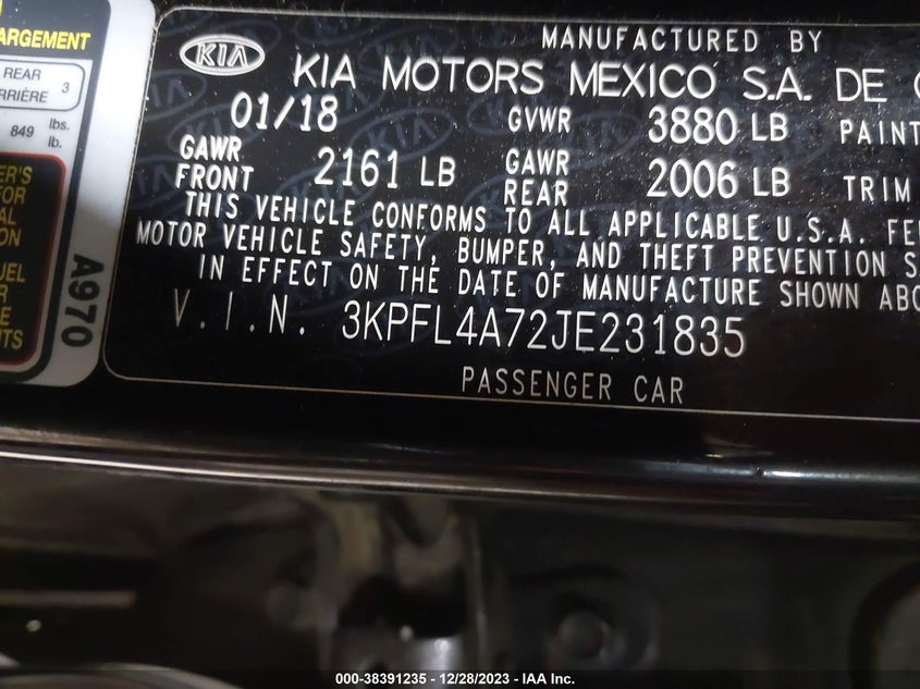 2018 Kia Forte Lx VIN: 3KPFL4A72JE231835 Lot: 38391235