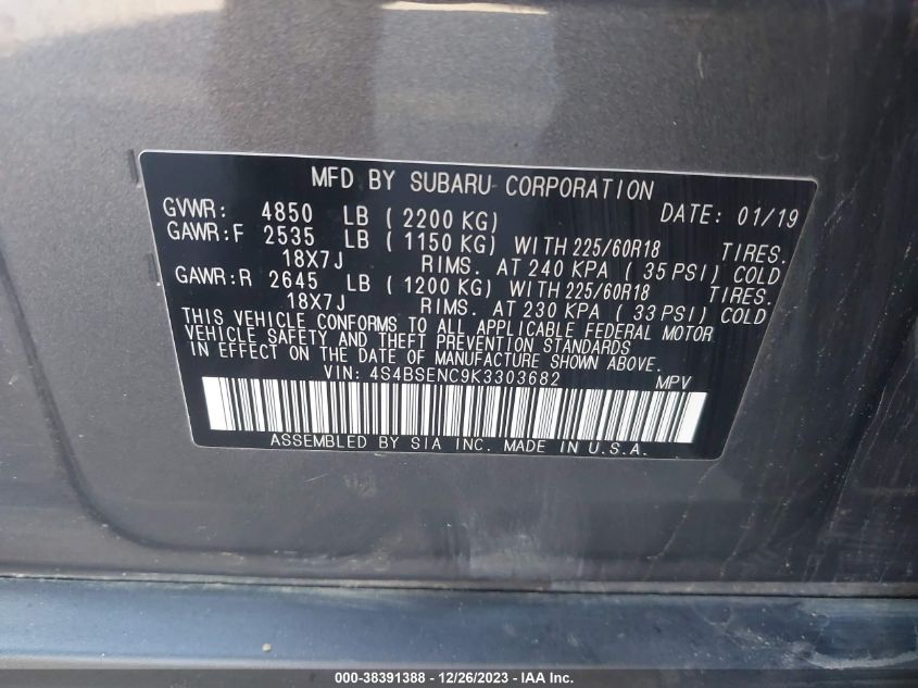 2019 Subaru Outback 3.6R Limited VIN: 4S4BSENC9K3303682 Lot: 38391388