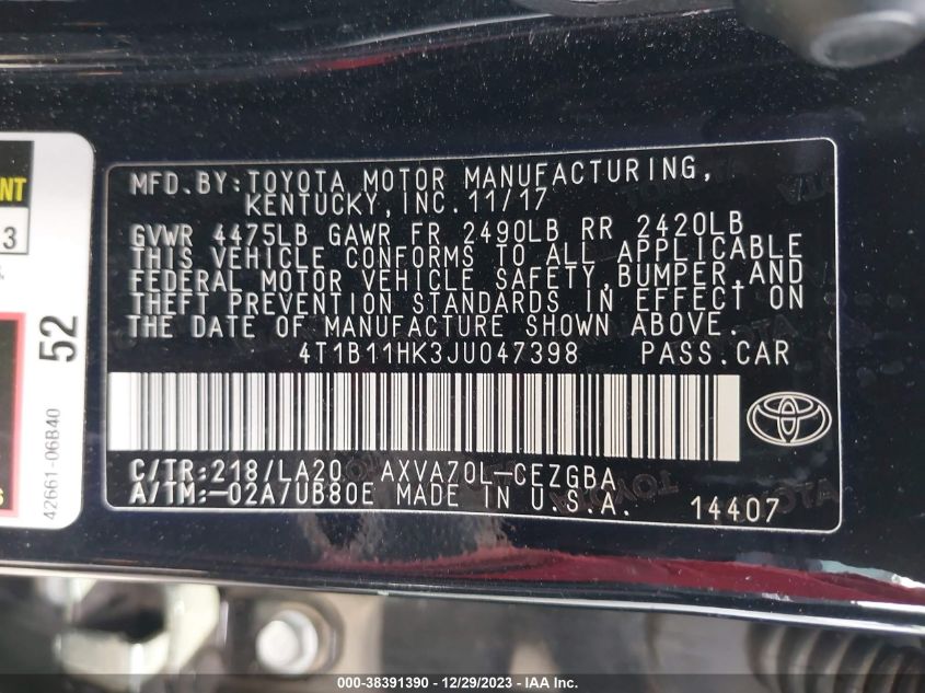 2018 Toyota Camry Xle VIN: 4T1B11HK3JU047398 Lot: 38391390