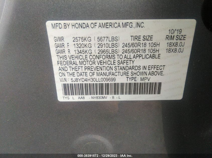 2020 Acura Mdx Standard VIN: 5J8YD4H30LL009699 Lot: 38391572