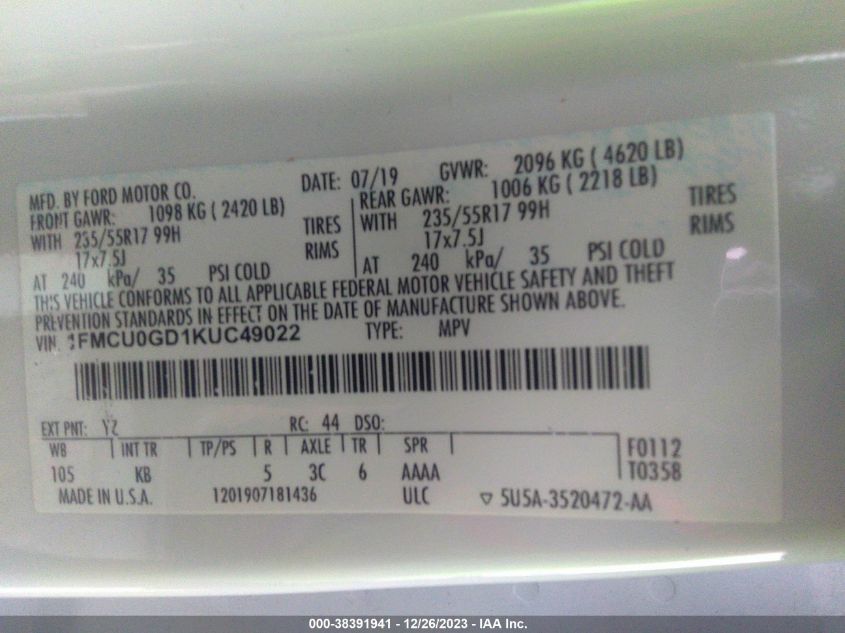 1FMCU0GD1KUC49022 2019 Ford Escape Se