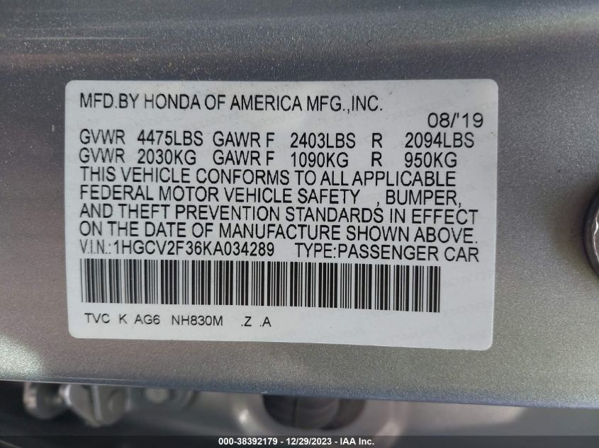 1HGCV2F36KA034289 2019 Honda Accord Sport 2.0T