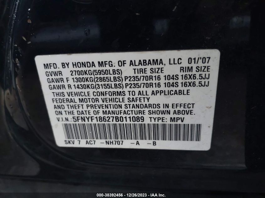 5FNYF18627B011089 2007 Honda Pilot Ex-L