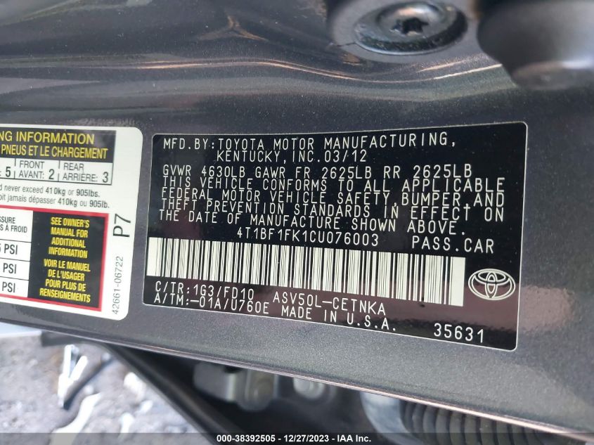 4T1BF1FK1CU076003 2012 Toyota Camry Le