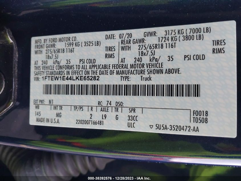 1FTEW1E44LKE65282 2020 Ford F-150 Xlt