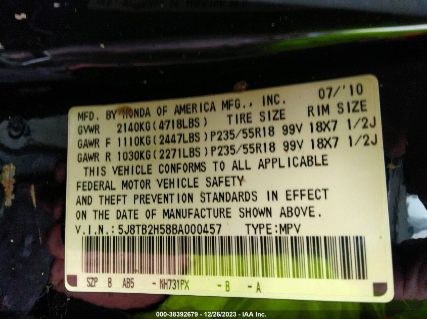 5J8TB2H58BA000457 2011 Acura Rdx