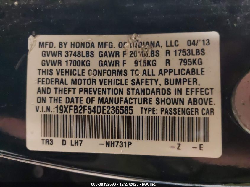 2013 Honda Civic Lx VIN: 19XFB2F54DE236585 Lot: 38392698