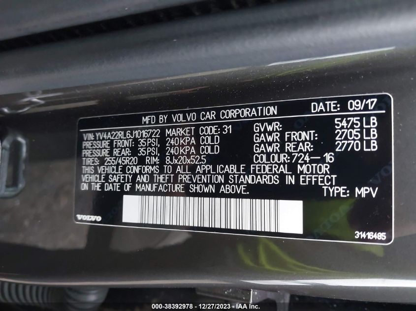 YV4A22RL6J1016722 2018 Volvo Xc60 T6 Inscription