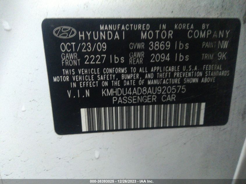 2010 Hyundai Elantra Gls VIN: KMHDU4AD8AU920575 Lot: 38393025