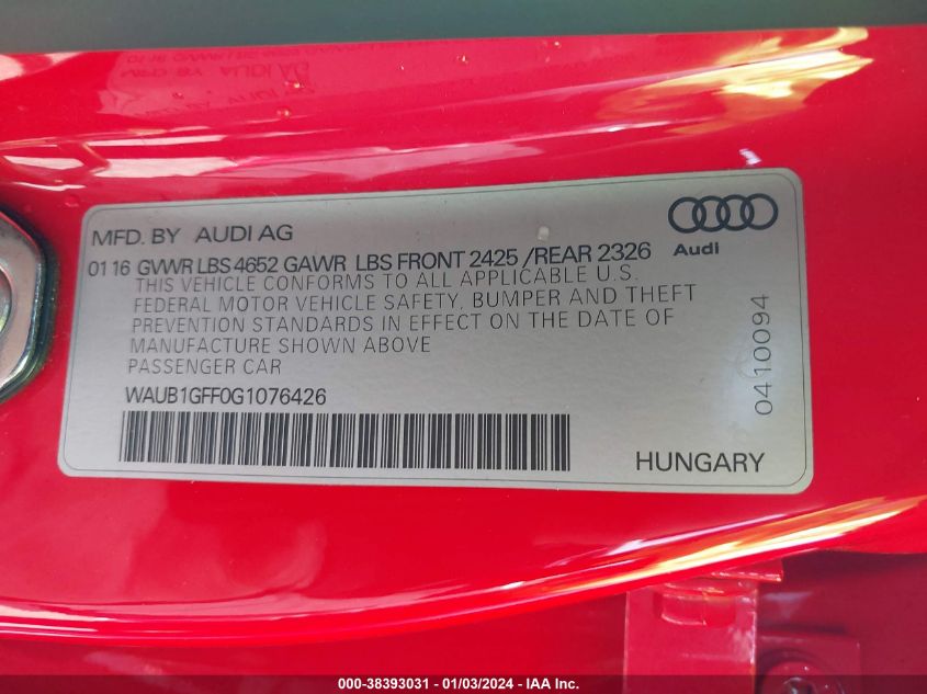 WAUB1GFF0G1076426 2016 Audi S3 2.0T Premium Plus