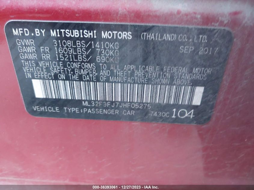 2018 Mitsubishi Mirage G4 Es VIN: ML32F3FJ7JHF05275 Lot: 38393061