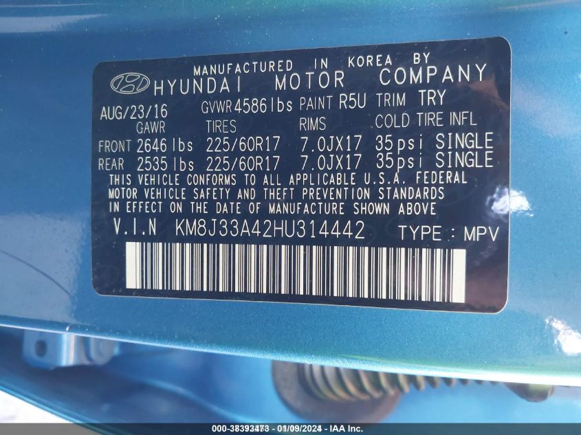 KM8J33A42HU314442 2017 Hyundai Tucson Se